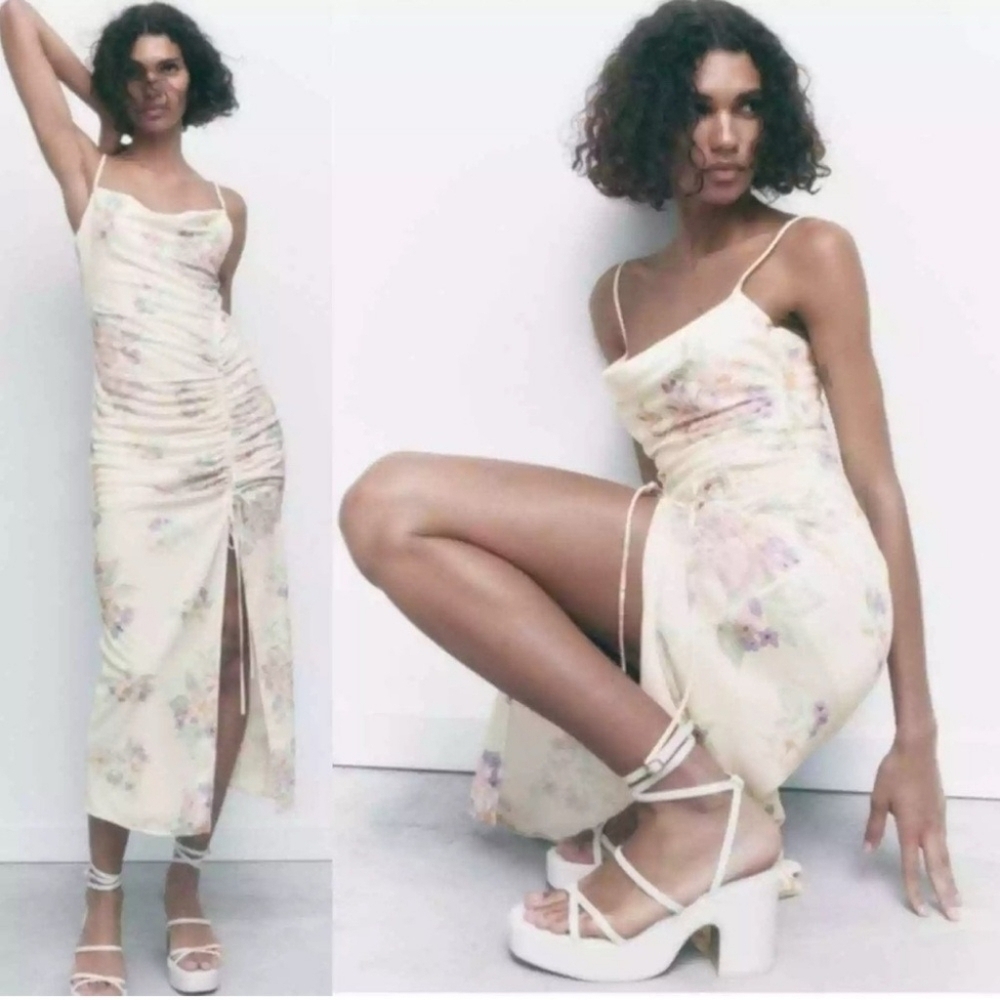 Zara Cream Floral Print Draped Neckline Midi Dress.